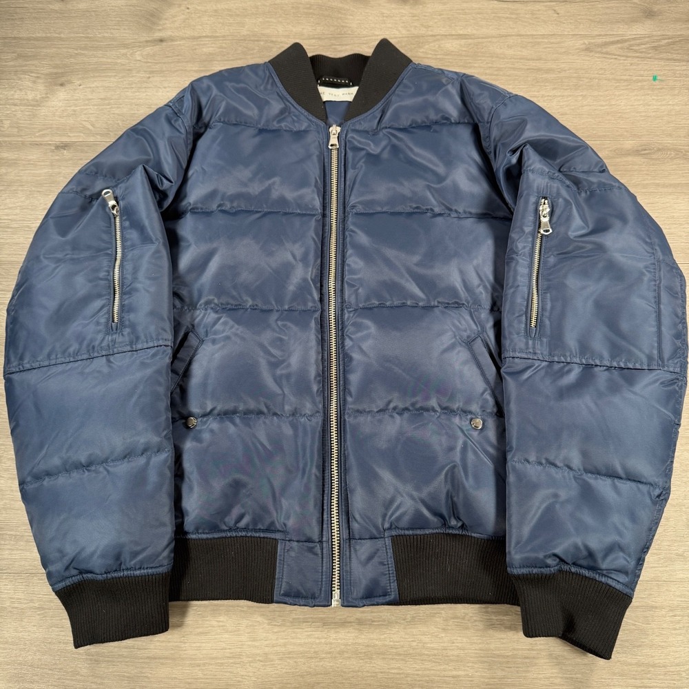 The Very Warm Puffer Jacket Flight Bomber Full Zip AOP Art Inside Navy Mens XL